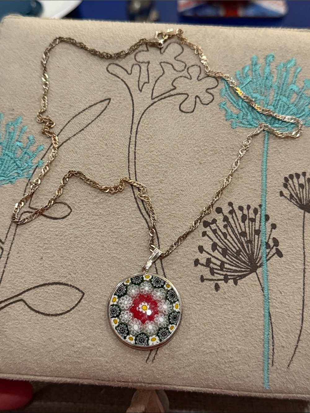 Handcrafted Floral Millefiori Pendant Necklace - Gold Tone, Red Center